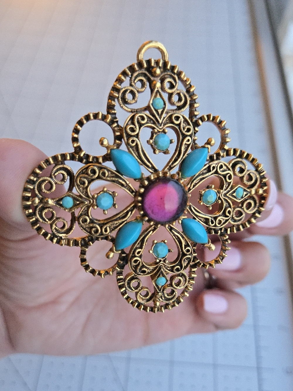 Florenza Vintage Maltese Cross Pendant Turquoise Filigree Signed